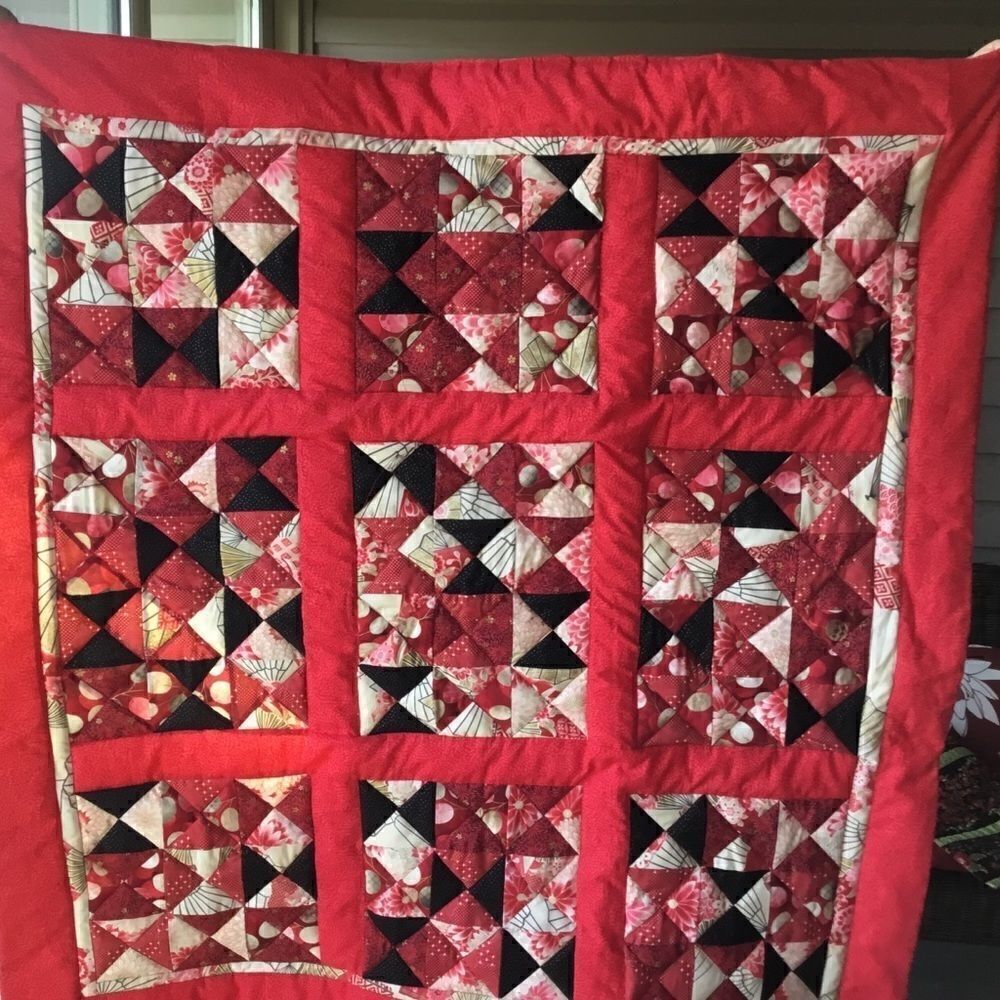 NWT Hand Crafted Red, Black, Gold and Tan Prints Quilt with Red Borders